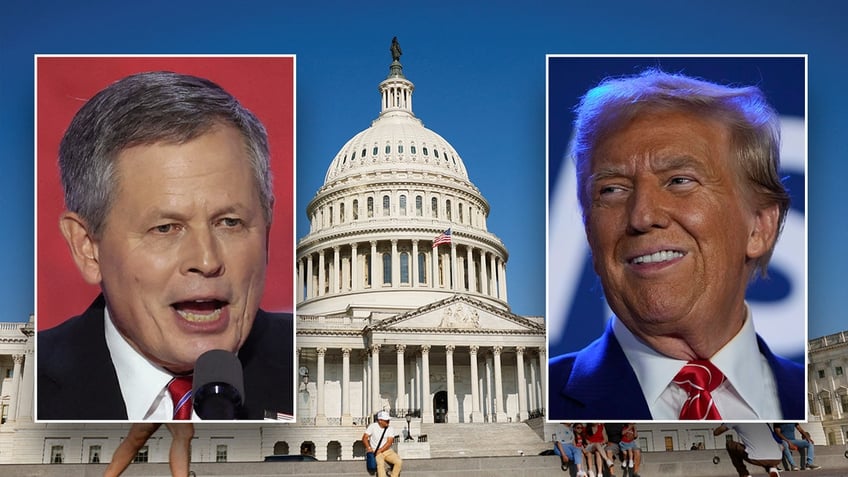 Steve Daines, Donald Trump in photo illustration with US Capitol main image