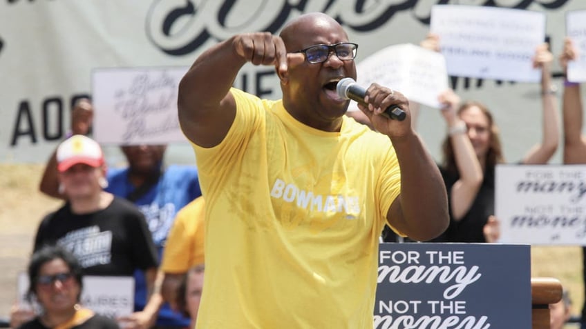 U.S. Representative Jamaal Bowman (D-NY) speaks to the crowd while he campaigns in the Bronx borough of New York City, U.S., June 22, 2024. REUTERS/Joy Malone