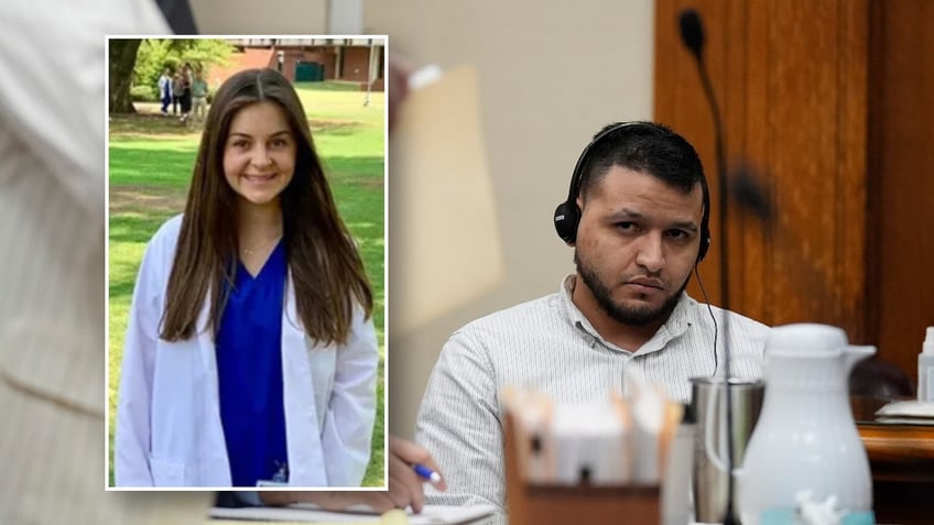 FILE - Defense attorneys Kaitlyn Beck shuffles papers in a folder as Jose Ibarra, center, accused of killing a nursing student, Laken Hope Riley, appears in court for a motion hearing on Friday, Oct. 11, 2024, in Athens, Ga. (AP Photo/Brynn Anderson, Pool, File)