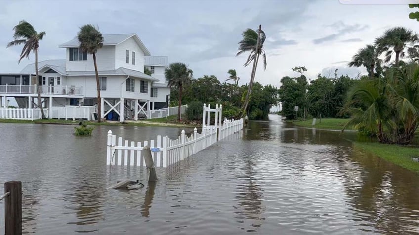 fox weather reporter caught in strong flood water dodges palm tree debris