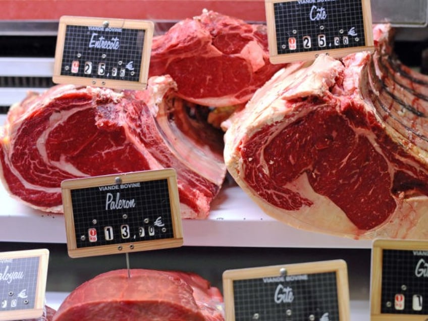 Meat products, rib steak, ribs and chuck sections are seen for sale on a stall at the Vict