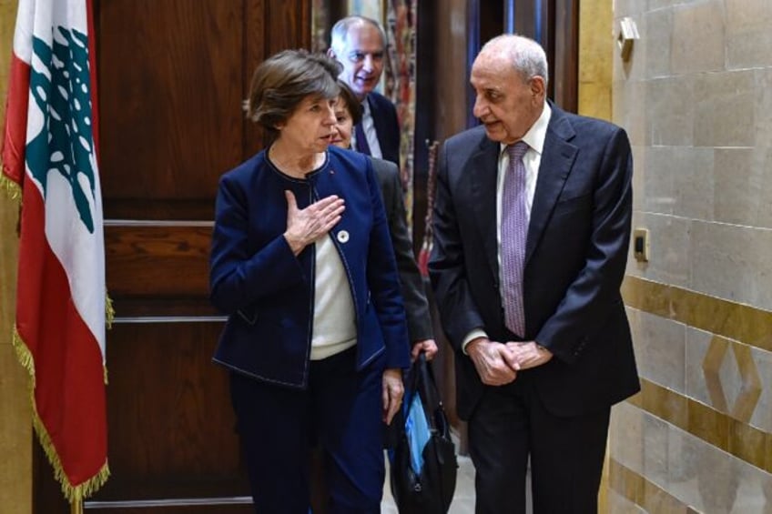 France's Foreign Minister Catherine Colonna (L) meets with Lebanon's parliament speaker Nabih Berri in Beirut