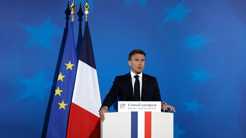 French President Emmanuel Macron speaks during a media conference at an EU summit in Brussels, Belgium, on April 18, 2024.