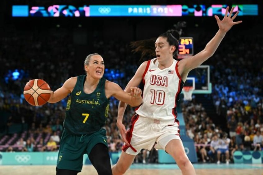 Breanna Stewart of the United States defends against Australian Tess Madgen in the USA's v