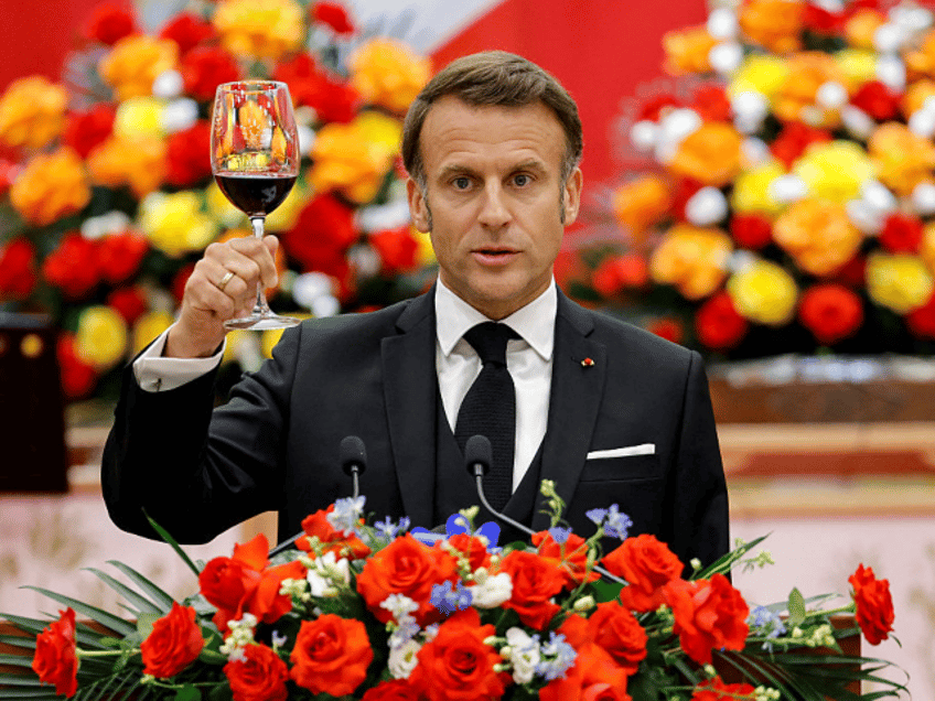 France's President Emmanuel Macron raises a toast as he addresses the gathering during a s