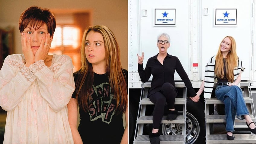 Side by side photos of Jamie Lee Curtis and Lindsay Lohan in the original Freaky Friday and sitting in front of trailers for the sequel