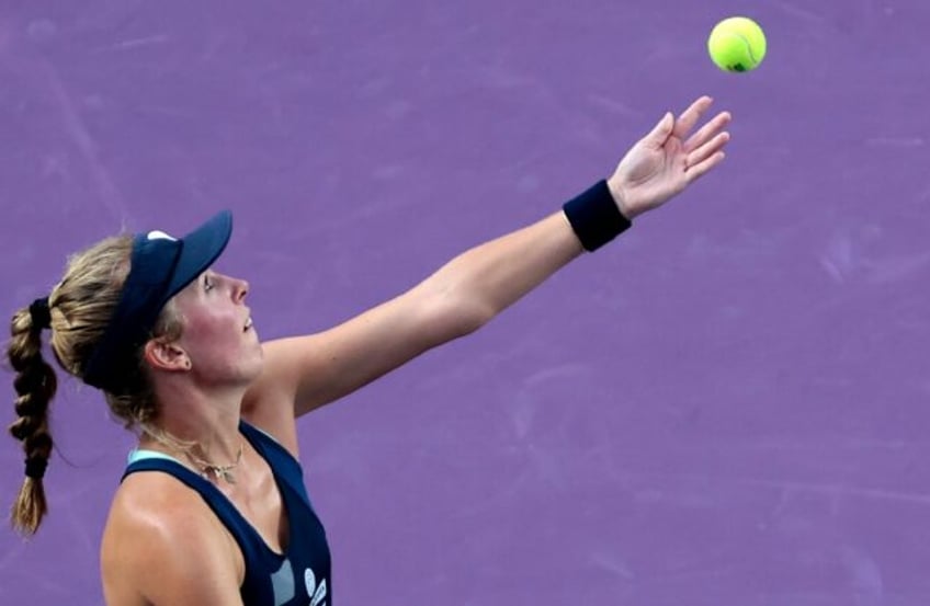 Poland's Magdalena Frech serves on the way to a win over Australian Olivia Gadecki in the