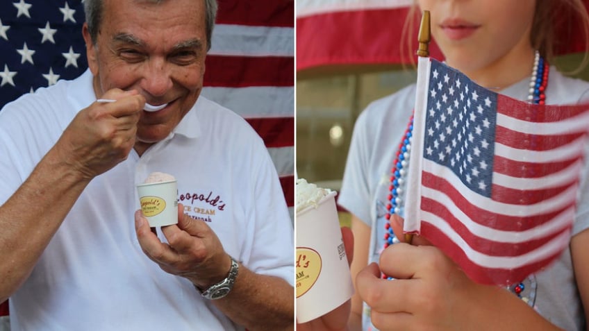 Man eating ice cream split with a little girl holding an ice cream and a flag.