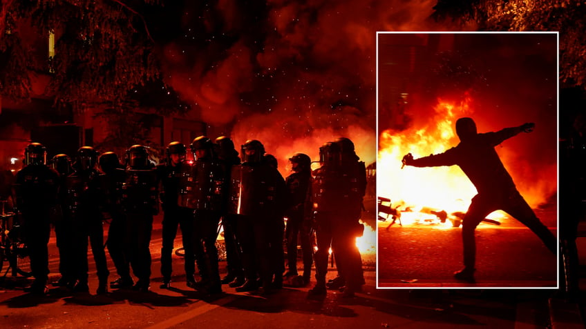 Split image of french officers and rioters