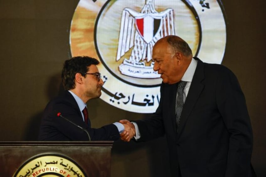 Egypt's Foreign Minister Sameh Shoukry and his French counterpart Stephane Sejourne hold a press conference in Cairo