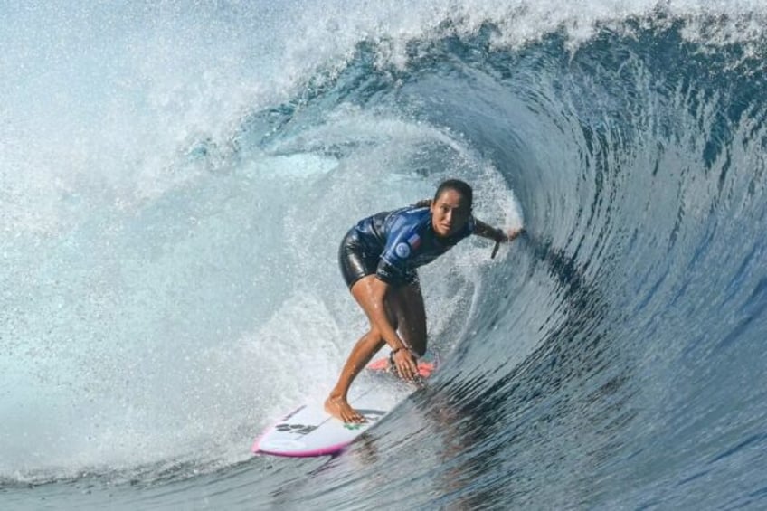 French surfer Vahine Fierro taking on Teahupo'o's majestic waves on Wednesday