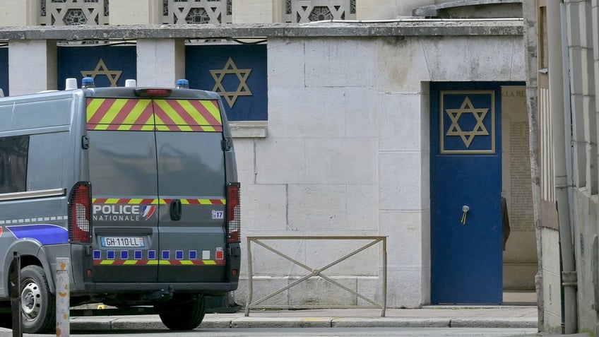 Police vehicle outside French synagogue