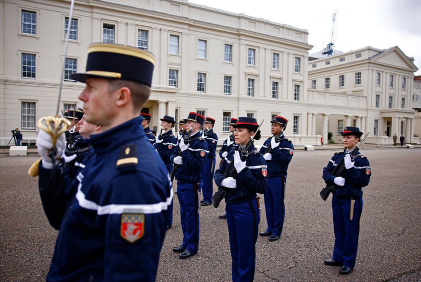 Members of France's Gendarmerie Garde Republicaine take part in a rehearsal for a special Changing of the Guard ceremony, at Wellington Barracks in London on April 5, 2024 ahead of the 120th anniversary of the Entente Cordiale. France is to become the first non-Commonwealth country to take part in the Changing of the Guard ceremony at Buckingham Palace on April 8, 2024, for the 120th anniversary of the Entente Cordiale. (Photo by BENJAMIN CREMEL / AFP) (Photo by BENJAMIN CREMEL/AFP via Getty Images)