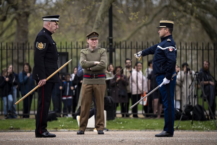 Personnel from the Gendarmerie's Garde Republicaine and the British Army's Scots Guards during rehearsals for Changing the Guard, at Wellington Barracks in London. France will become the first non-Commonwealth country to take part in the Changing the Guard ceremony at Buckingham Palace, London, on April 8, for the 120th anniversary of the Entente Cordiale. Picture date: Friday April 5, 2024. (Photo by Aaron Chown/PA Images via Getty Images)