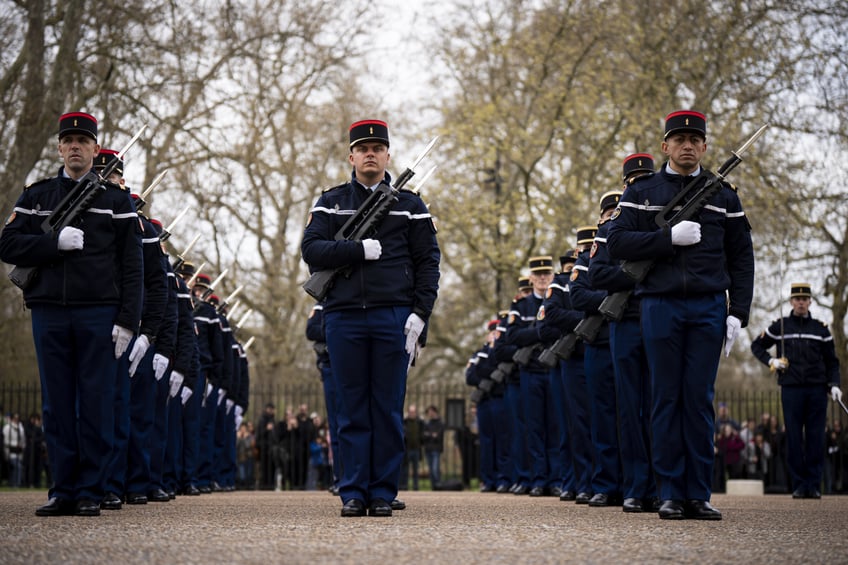 Personnel from the Gendarmerie's Garde Republicaine during rehearsals for Changing the Guard, at Wellington Barracks in London. France will become the first non-Commonwealth country to take part in the Changing the Guard ceremony at Buckingham Palace, London, on April 8, for the 120th anniversary of the Entente Cordiale. Picture date: Friday April 5, 2024. (Photo by Aaron Chown/PA Images via Getty Images)