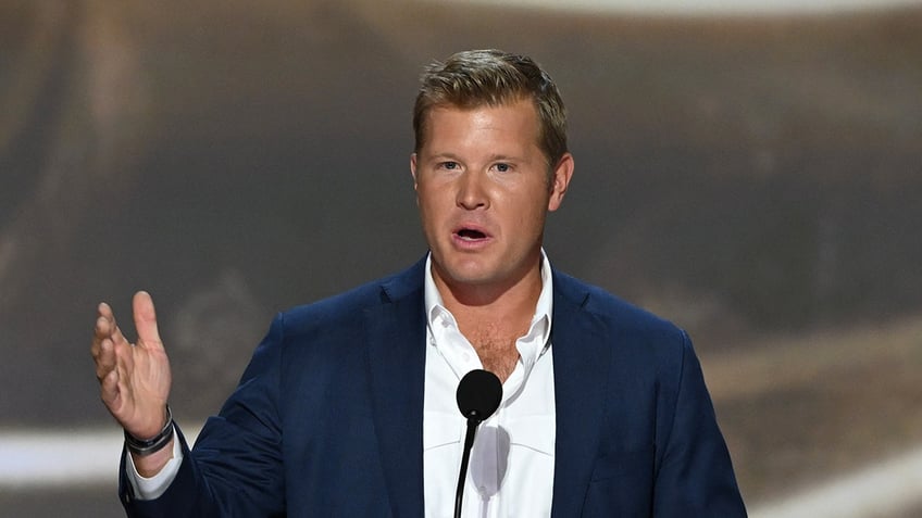 Then-Senate candidate from Montana Tim Sheehy speaks during the second day of the 2024 Republican National Convention at the Fiserv Forum in Milwaukee on July 16, 2024.