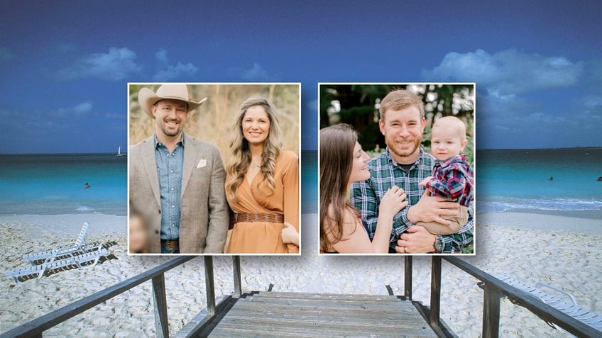 Images of the Watson family and the Wenrich family over a photo of a beach in Turks and Caicos