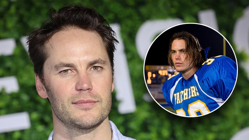 Taylor Kitsch in a blue button down shirt on the carpet inset a photo of him as Tim Riggins in a blue football uniform in "Friday Night LIghts"