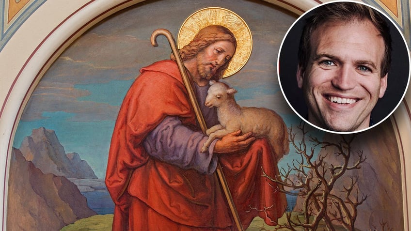 Jesus holding a lamb split with a picture of Rev. Johnnie Moore