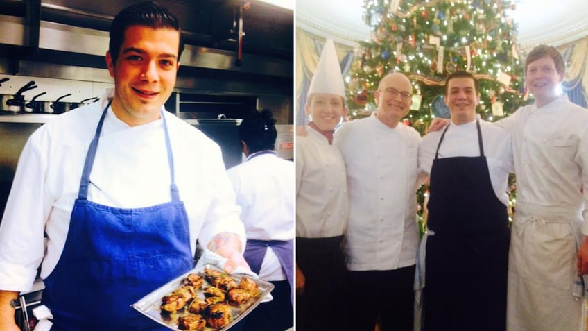 Left, Christos Bisiotis is pictured holding a Greek dish that he prepared as a guest chef at the White House in 2013. Right, Bisiotis poses for a photograph inside the White House with the cooking staff.