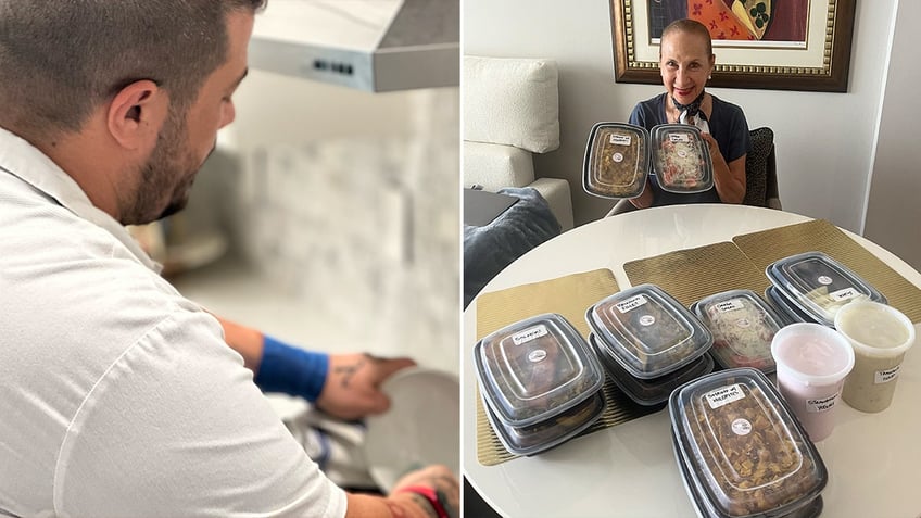 Christos Bisiotis cooks a meal from his home kitchen. One of his clients, Elsie Castelblanco, shows off the meals he has prepared for her.