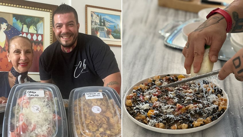 Christos Bisiotis takes a photograph with Elsie Castelblanco while displaying a Greek salad and shrimp with hilopities, just some of the food he makes for her each week.