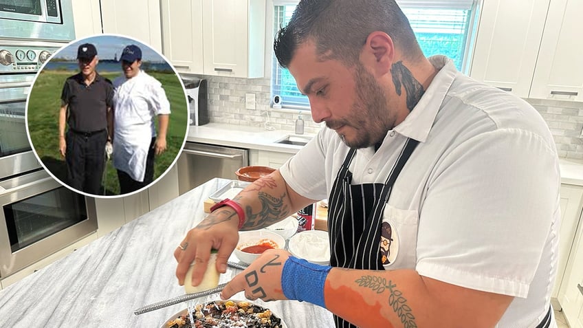 Christos Bisiotis is seen working in his home kitchen in Coral Springs, Florida. Inset photo shows him posing with former President Bill Clinton during a charity event in New Jersey in 2013.