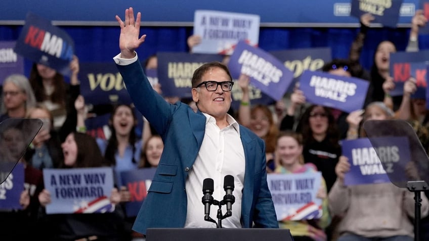 Mark Cuban speaks at a campaign rally for Democratic presidential nominee Vice President Kamala Harris at the University of Wisconsin La Crosse, in La Crosse, Wis., Thursday, Oct. 17, 2024. (AP Photo/Abbie Parr)