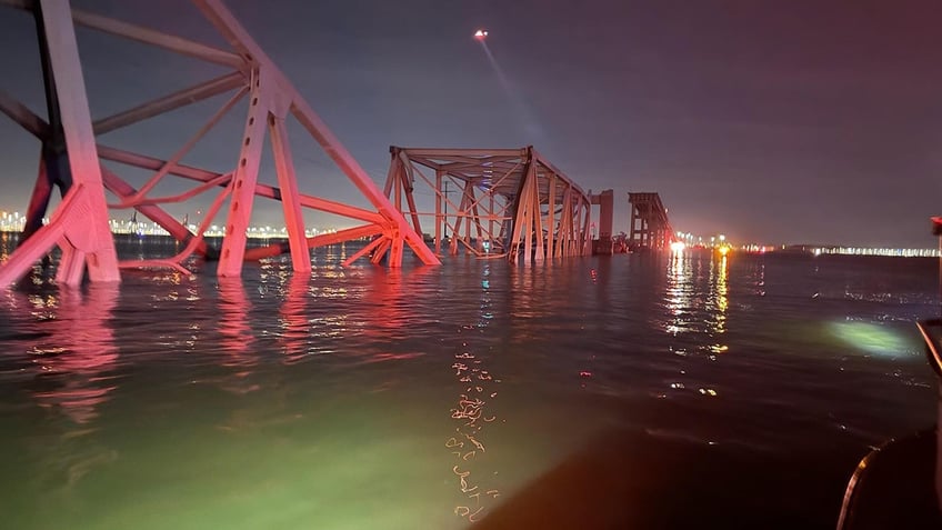 The Francis Scott Key Bridge is seen after collapsing into the water early Tuesday morning