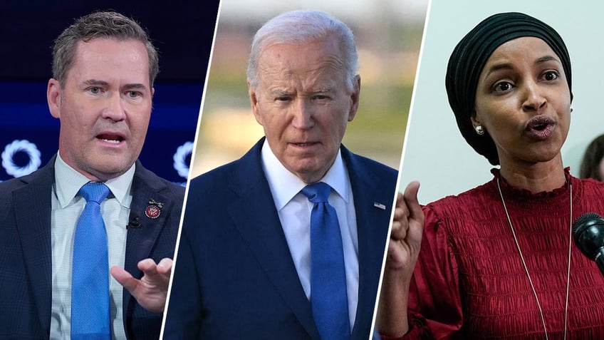 A three-way split image of Rep. Mike Waltz, President Biden, and Rep. Ilhan Omar