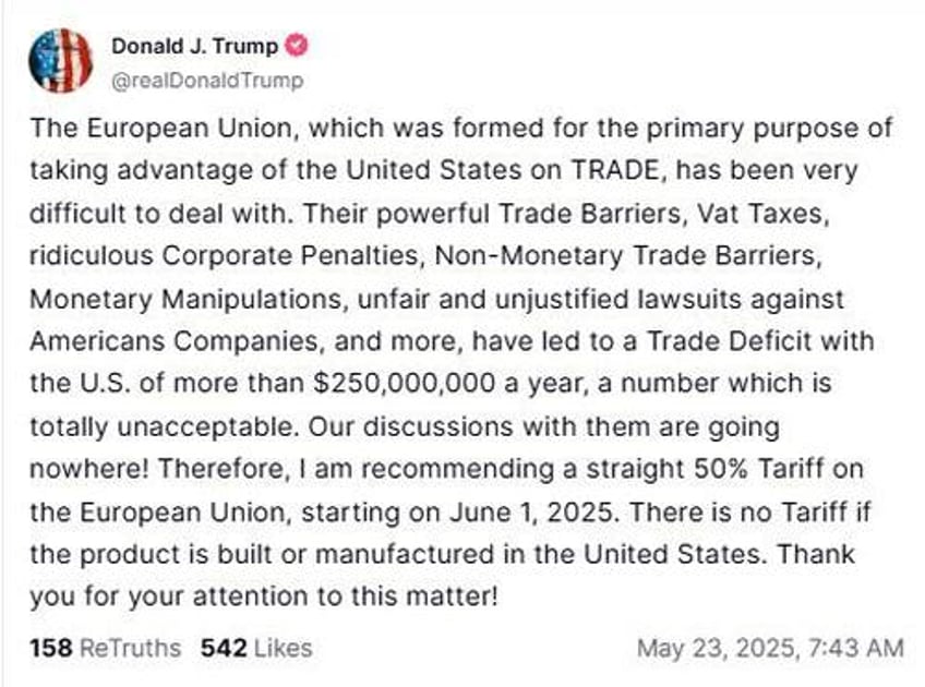 futures plunge after trump threatens 25 tariff on apple 50 on europe bonds bullion bid