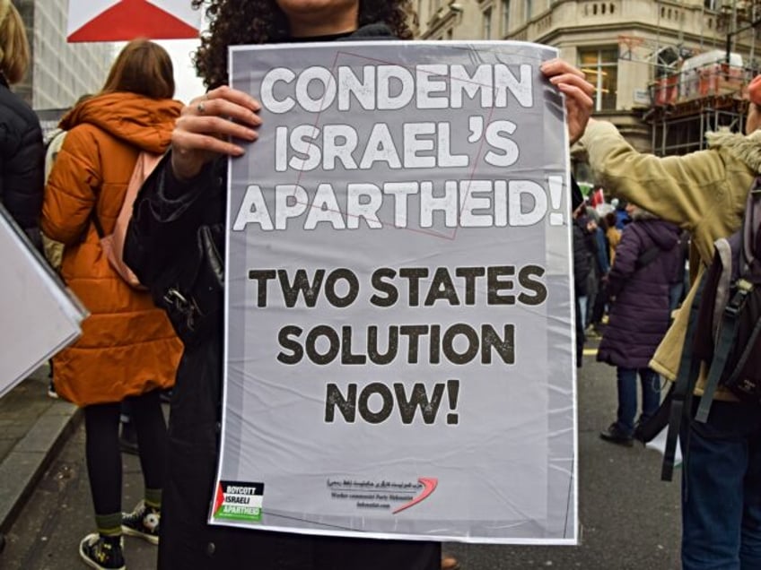 LONDON, UNITED KINGDOM - 2024/02/03: A protester holds a placard in support of the Two-Sta