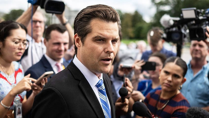 Republican Florida Rep. Matt Gaetz closeup shot in middle of press gaggle