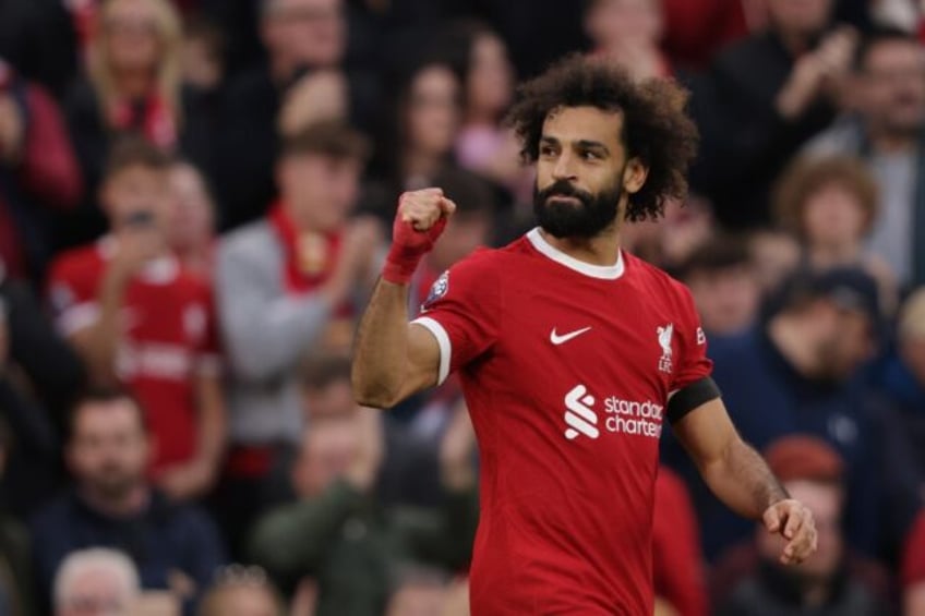 Liverpool star Mohamed Salah celebrates his Premier League goal against Nottingham Forest at Anfield