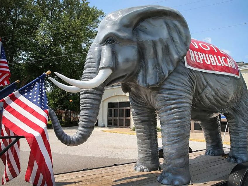 DAVENPORT, IA - JULY 17: A Republican elephant prop sits in front of the Starlite Ballroom