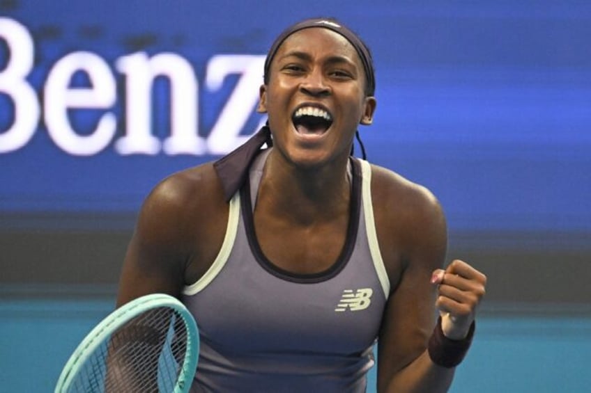 USA's Coco Gauff reacts after winning match point against Spain's Paula Badosa