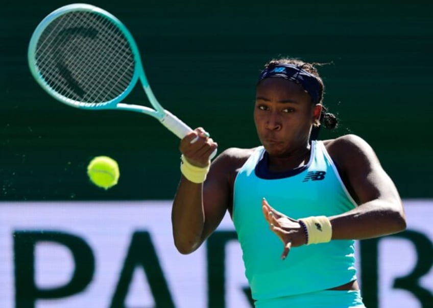 American Coco Gauff plays a forehand on the way to a second-round victory over Japan's Moy