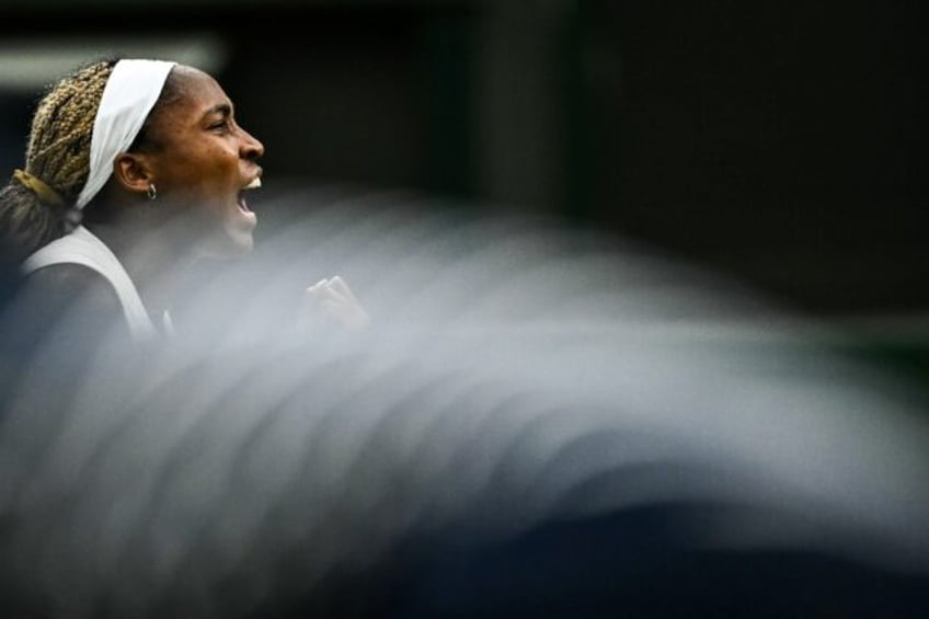 Coco Gauff celebrates winning the first set against Sonay Kartal in their Wimbledon third-