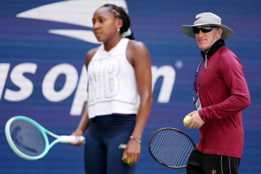 Coach Brad Gilbert, at right watching Coco Gauff during a practice session at the US Open,