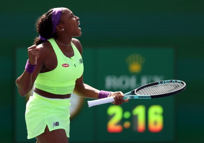 Reigning US Open champion Coco Gauff of the United States celebrates match point against C