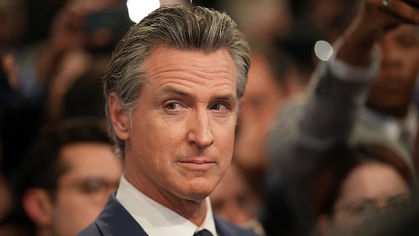 Gov. Gavin Newsom (D-CA) speaks to reporters in the spin room following the CNN Presidential Debate between President Biden and Republican presidential candidate former President Donald Trump at the McCamish Pavilion on the Georgia Institute of Technology campus on June 27, 2024 in Atlanta.