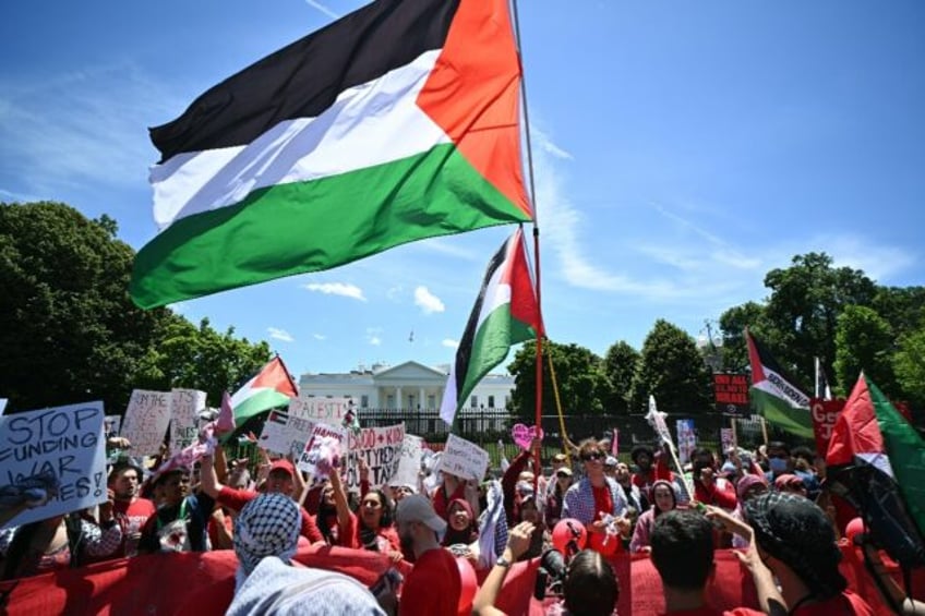 Pro-Palestinian demonstrators rally near the White House in Washington, DC, on June 8, 202