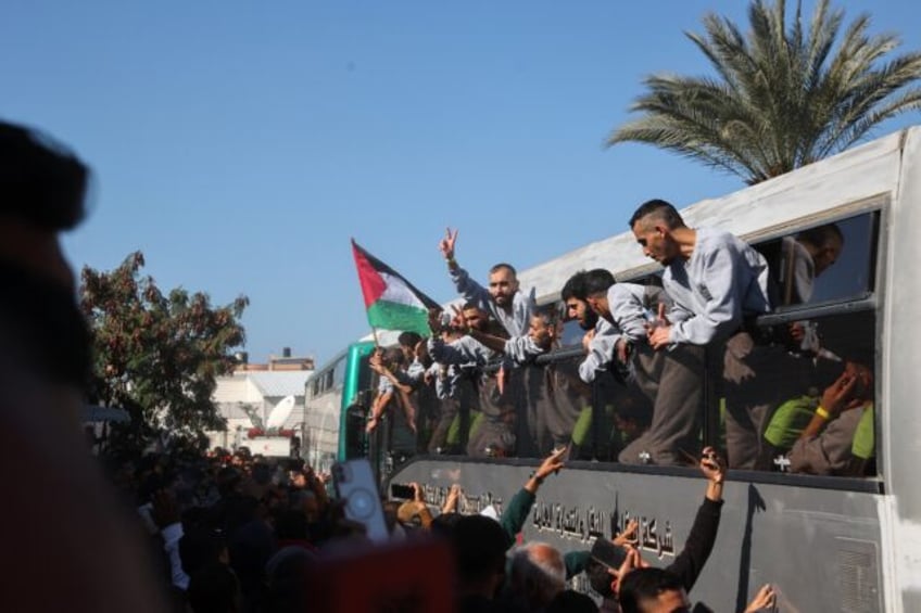 The freed prisoners were taken to Khan Yunis in Gaza where a large crowd met them