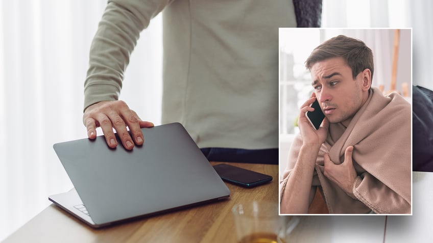 split image of a man closing his laptop and a man on the phone