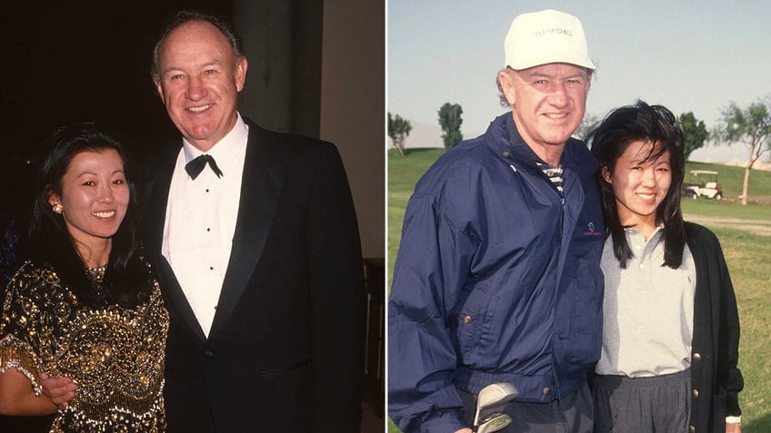 side by side photos of Betsy Arakawa and Gene Hackman on the red carpet and on the golf course