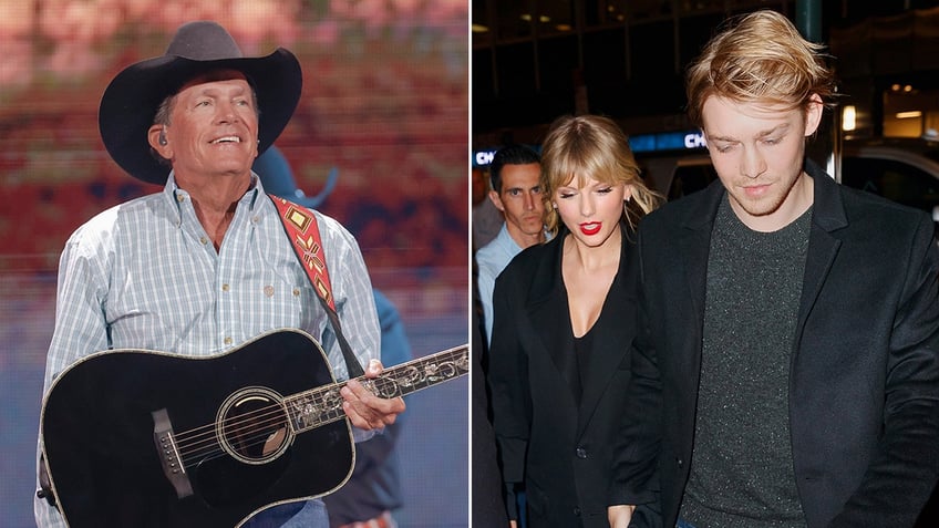 George Strait in a striped shirt playing a black guitar wearing a black hat split Taylor Swift in black walks alongside boyfriend Joe Alwyn