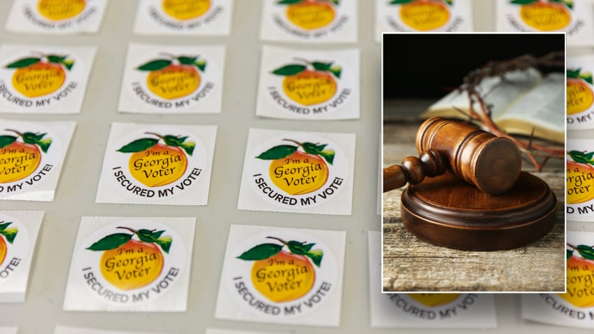 Split image of gavel and GA voting stickers