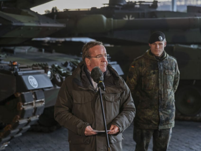 Boris Pistorius, Germany's defense minister, speaks to the media during a presentation of Leopard 2 A6 battle tanks destined for Ukraine at the Field Marshal Rommel Barracks in Augustdorf, Germany, on Wednesday, Feb. 1, 2023. Germany pledged to supply Ukraine with 112 Leopard 2 battle tanks, regarded as one of …