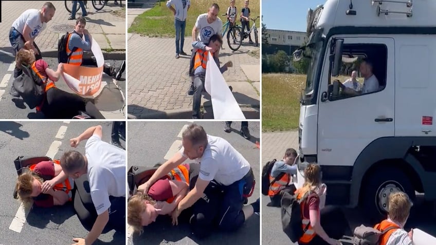 german police officer accused of dumping oil on radical climate protesters that blocked glued hands to road