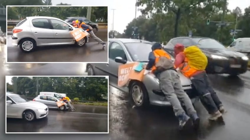 german police officer accused of dumping oil on radical climate protesters that blocked glued hands to road